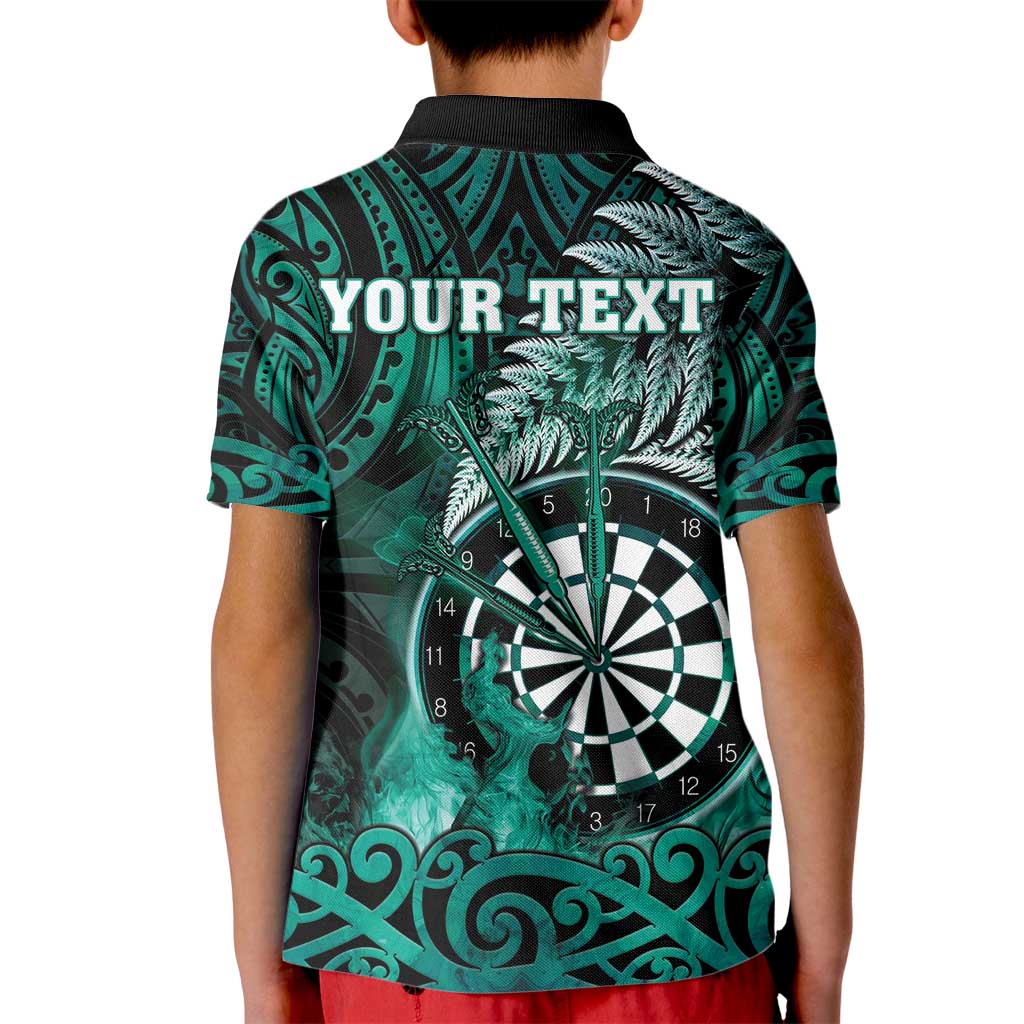 Personalised New Zealand Darts Kid Polo Shirt Maori Koru Dartboard Turquoise Flame LT05 - Polynesian Pride