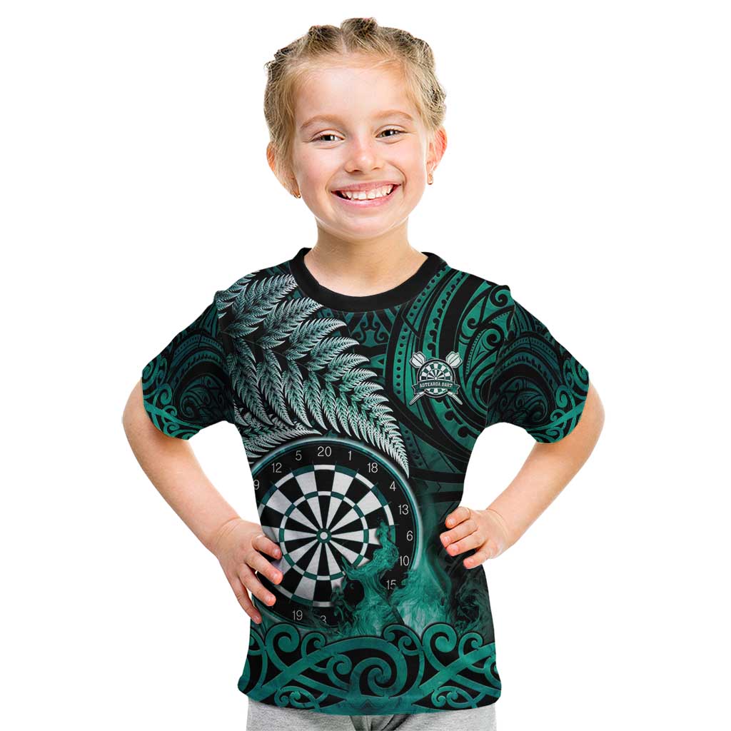 Personalised New Zealand Darts Kid T Shirt Maori Koru Dartboard Turquoise Flame LT05 Turquoise - Polynesian Pride