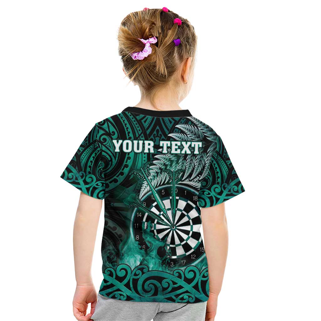 Personalised New Zealand Darts Kid T Shirt Maori Koru Dartboard Turquoise Flame LT05 - Polynesian Pride
