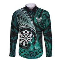 Personalised New Zealand Darts Long Sleeve Button Shirt Maori Koru Dartboard Turquoise Flame