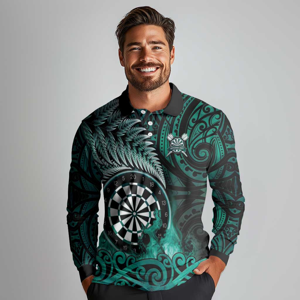 Personalised New Zealand Darts Long Sleeve Polo Shirt Maori Koru Dartboard Turquoise Flame