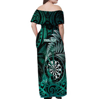 Personalised New Zealand Darts Off Shoulder Maxi Dress Maori Koru Dartboard Turquoise Flame