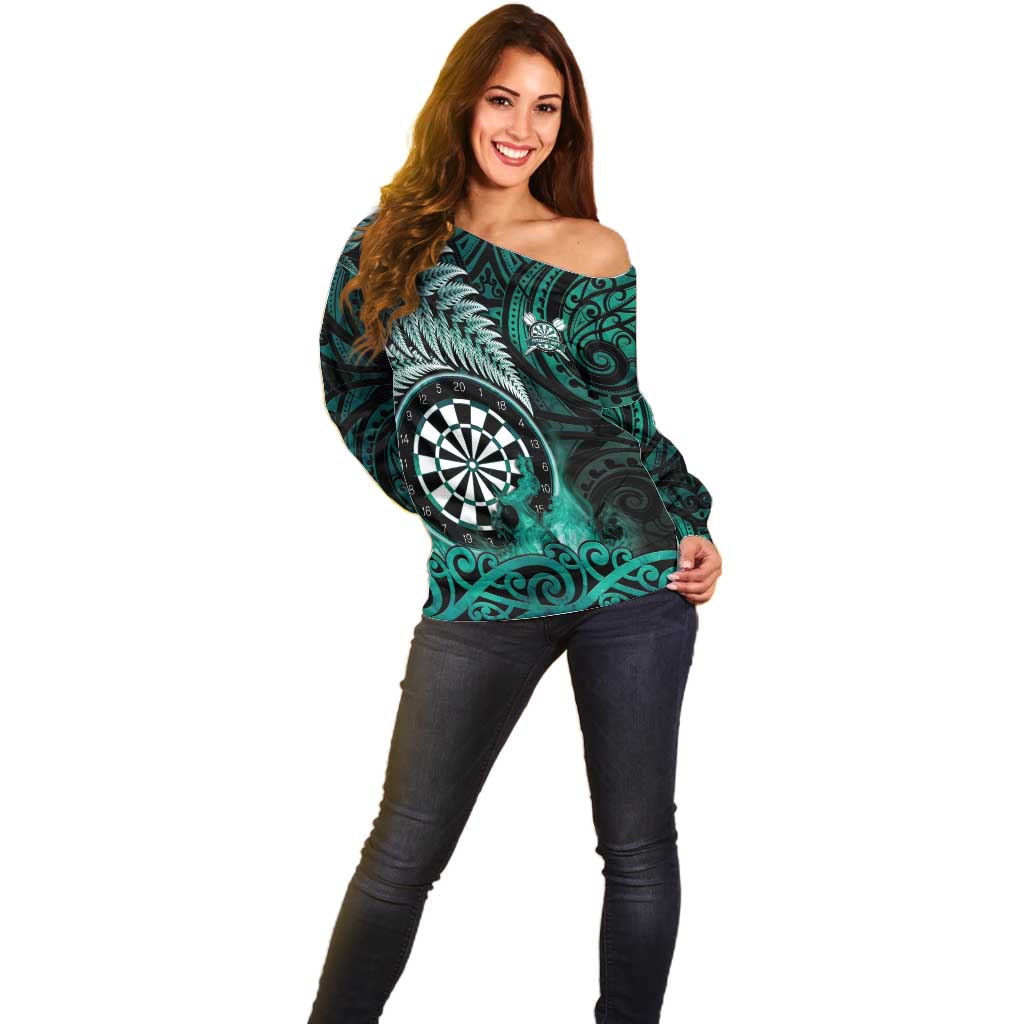 Personalised New Zealand Darts Off Shoulder Sweater Maori Koru Dartboard Turquoise Flame