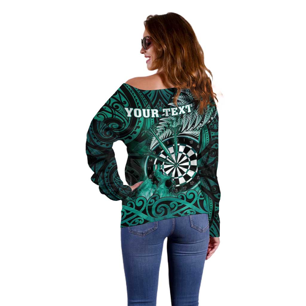 Personalised New Zealand Darts Off Shoulder Sweater Maori Koru Dartboard Turquoise Flame