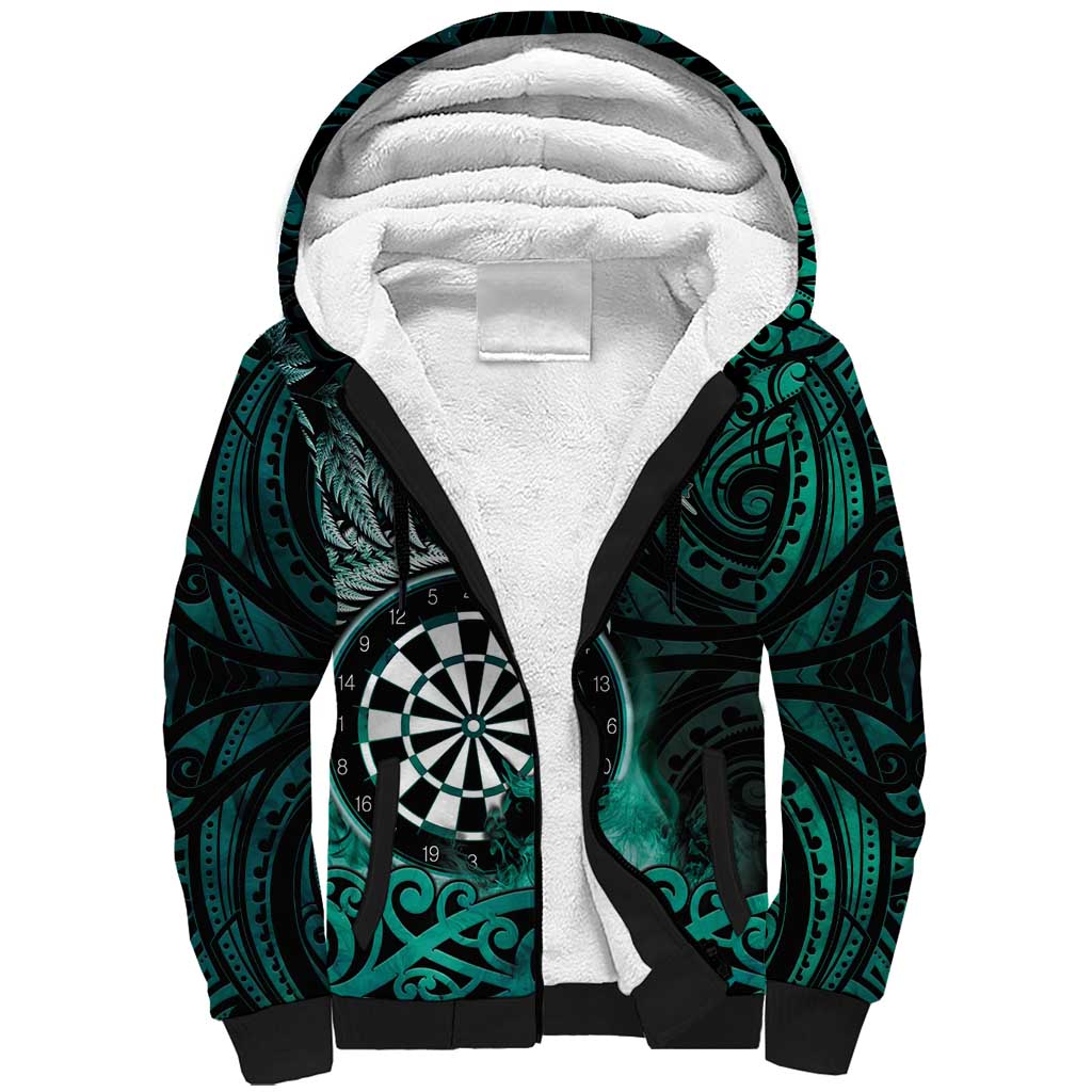 Personalised New Zealand Darts Sherpa Hoodie Maori Koru Dartboard Turquoise Flame