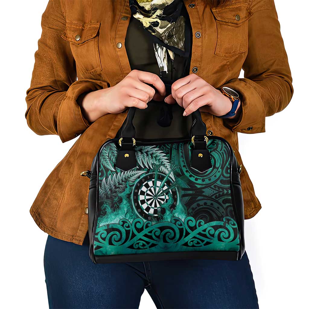 New Zealand Darts Shoulder Handbag Maori Koru Dartboard Turquoise Flame