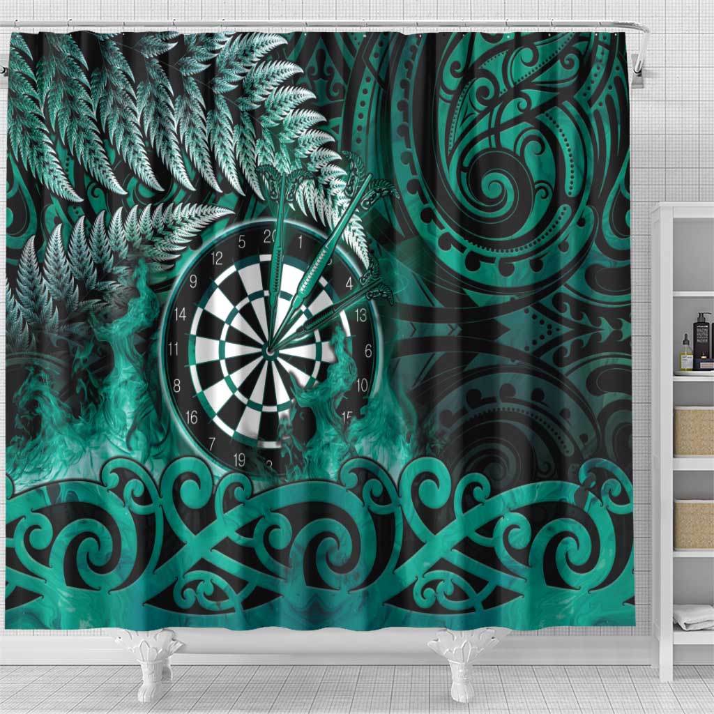 New Zealand Darts Shower Curtain Maori Koru Dartboard Turquoise Flame