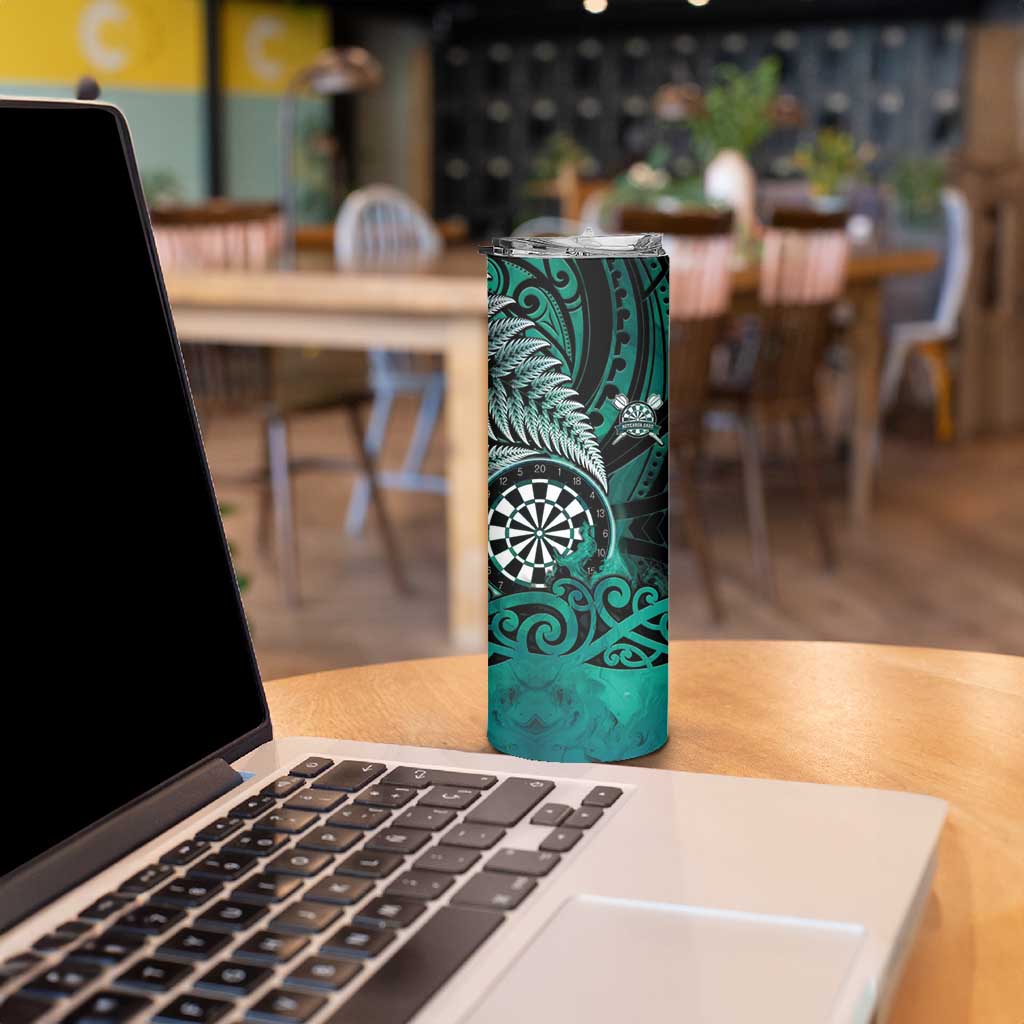 Personalised New Zealand Darts Skinny Tumbler Maori Koru Dartboard Turquoise Flame LT05 - Polynesian Pride