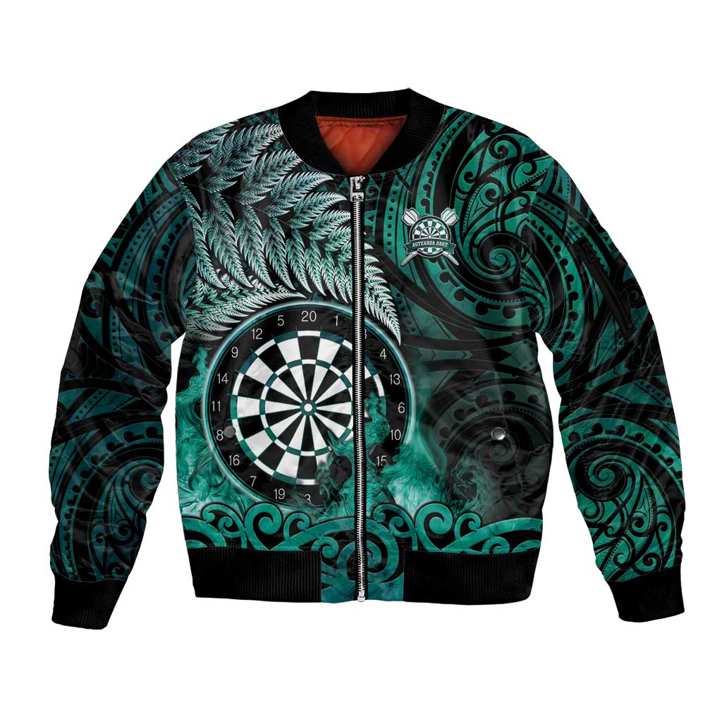Personalised New Zealand Darts Sleeve Zip Bomber Jacket Maori Koru Dartboard Turquoise Flame