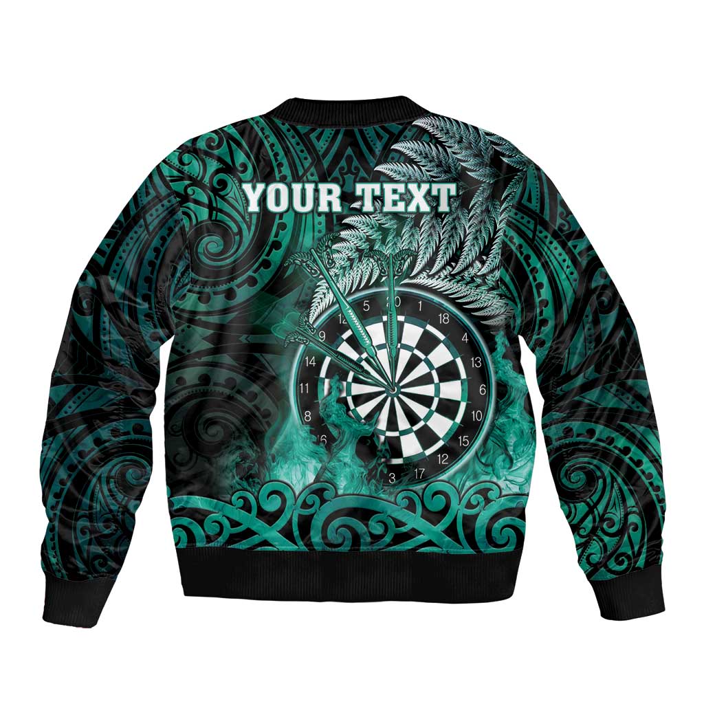 Personalised New Zealand Darts Sleeve Zip Bomber Jacket Maori Koru Dartboard Turquoise Flame