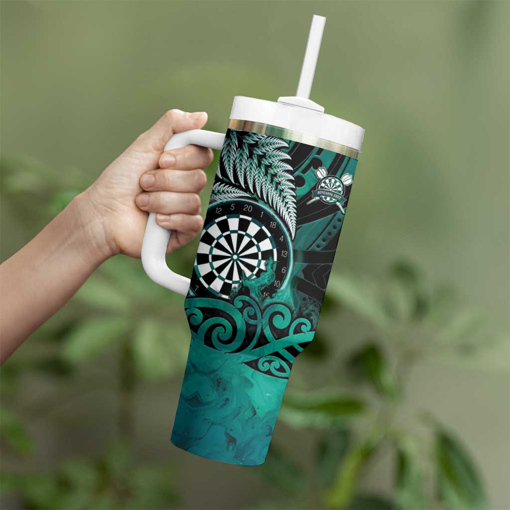Personalised New Zealand Darts Tumbler With Handle Maori Koru Dartboard Turquoise Flame LT05 - Polynesian Pride