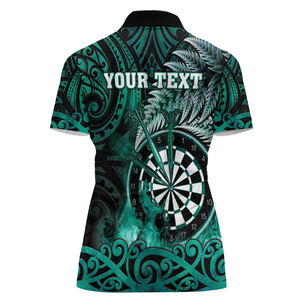 Personalised New Zealand Darts Women Polo Shirt Maori Koru Dartboard Turquoise Flame