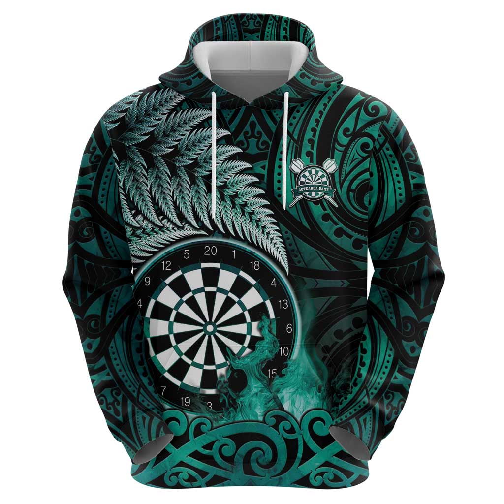 Personalised New Zealand Darts Zip Hoodie Maori Koru Dartboard Turquoise Flame