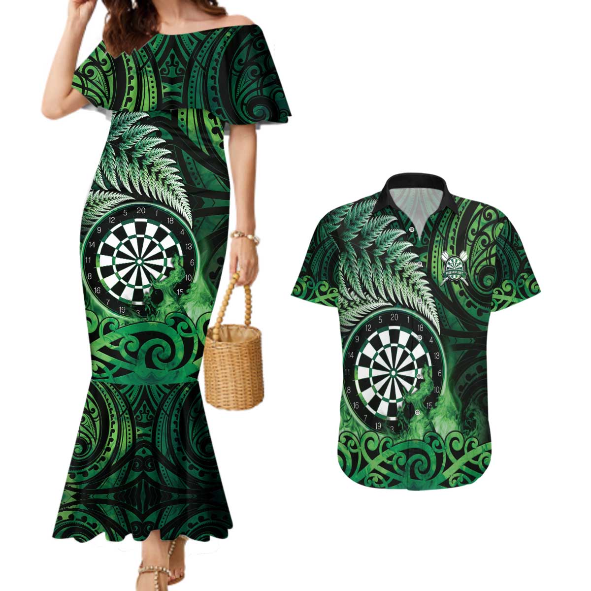 Personalised New Zealand Darts Couples Matching Mermaid Dress and Hawaiian Shirt Maori Koru Dartboard Green Flame