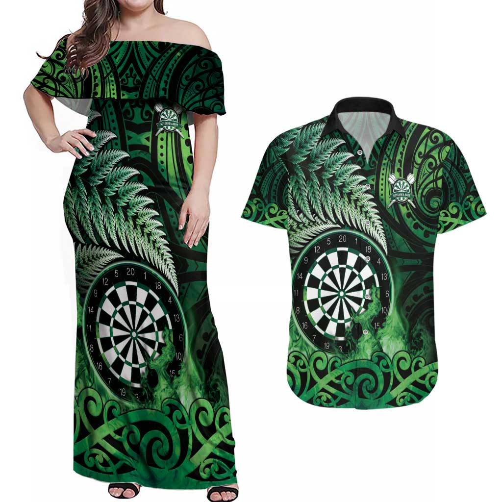 Personalised New Zealand Darts Couples Matching Off Shoulder Maxi Dress and Hawaiian Shirt Maori Koru Dartboard Green Flame