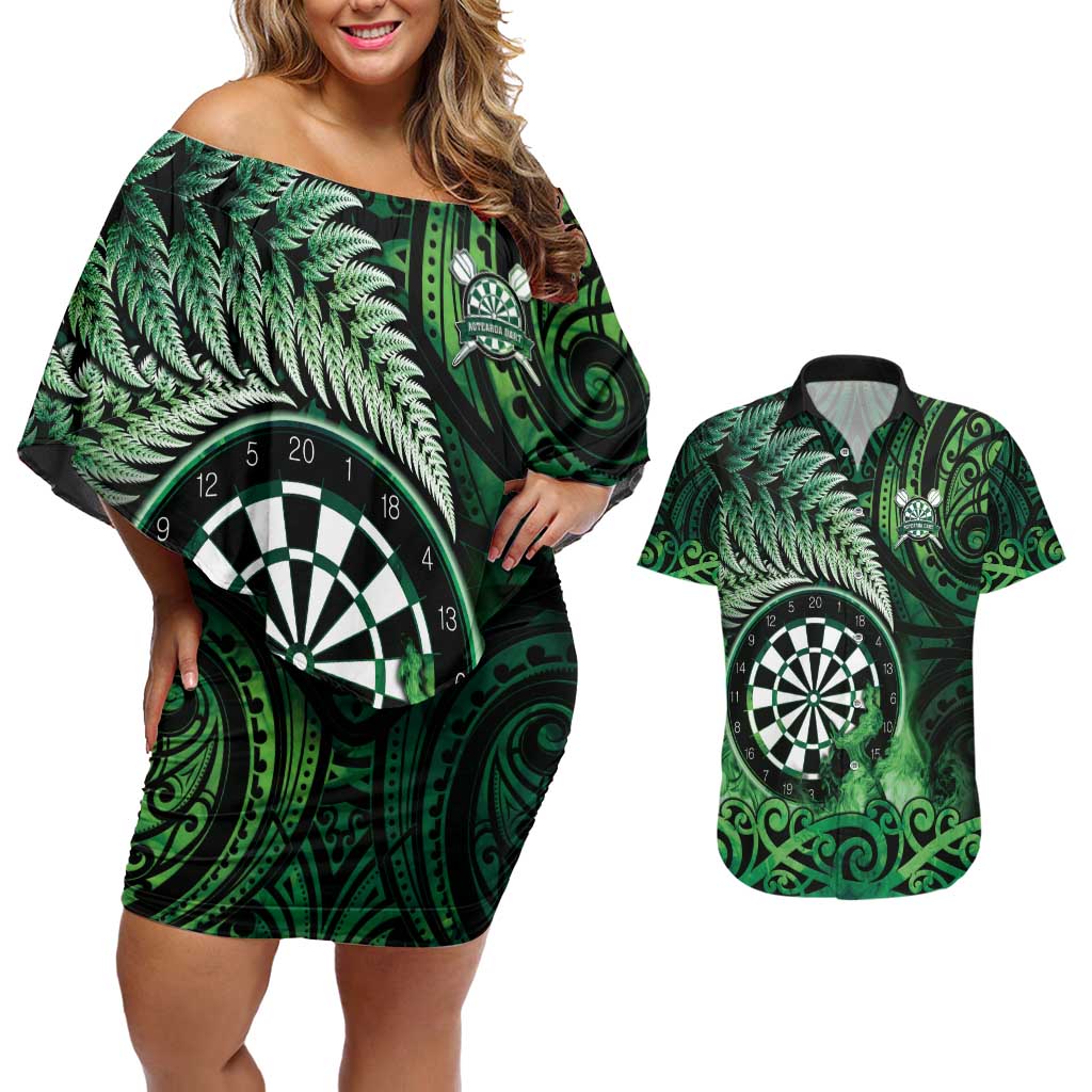 Personalised New Zealand Darts Couples Matching Off Shoulder Short Dress and Hawaiian Shirt Maori Koru Dartboard Green Flame