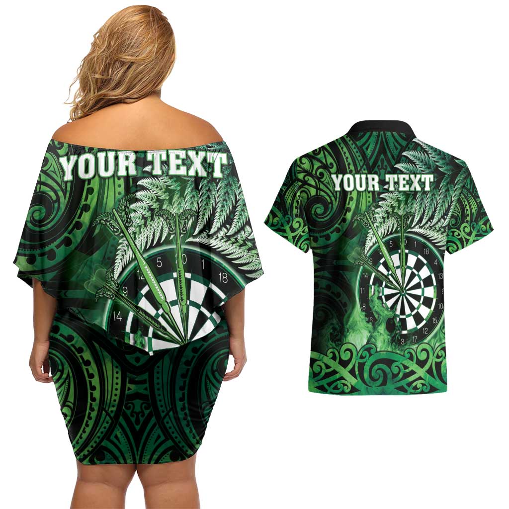 Personalised New Zealand Darts Couples Matching Off Shoulder Short Dress and Hawaiian Shirt Maori Koru Dartboard Green Flame