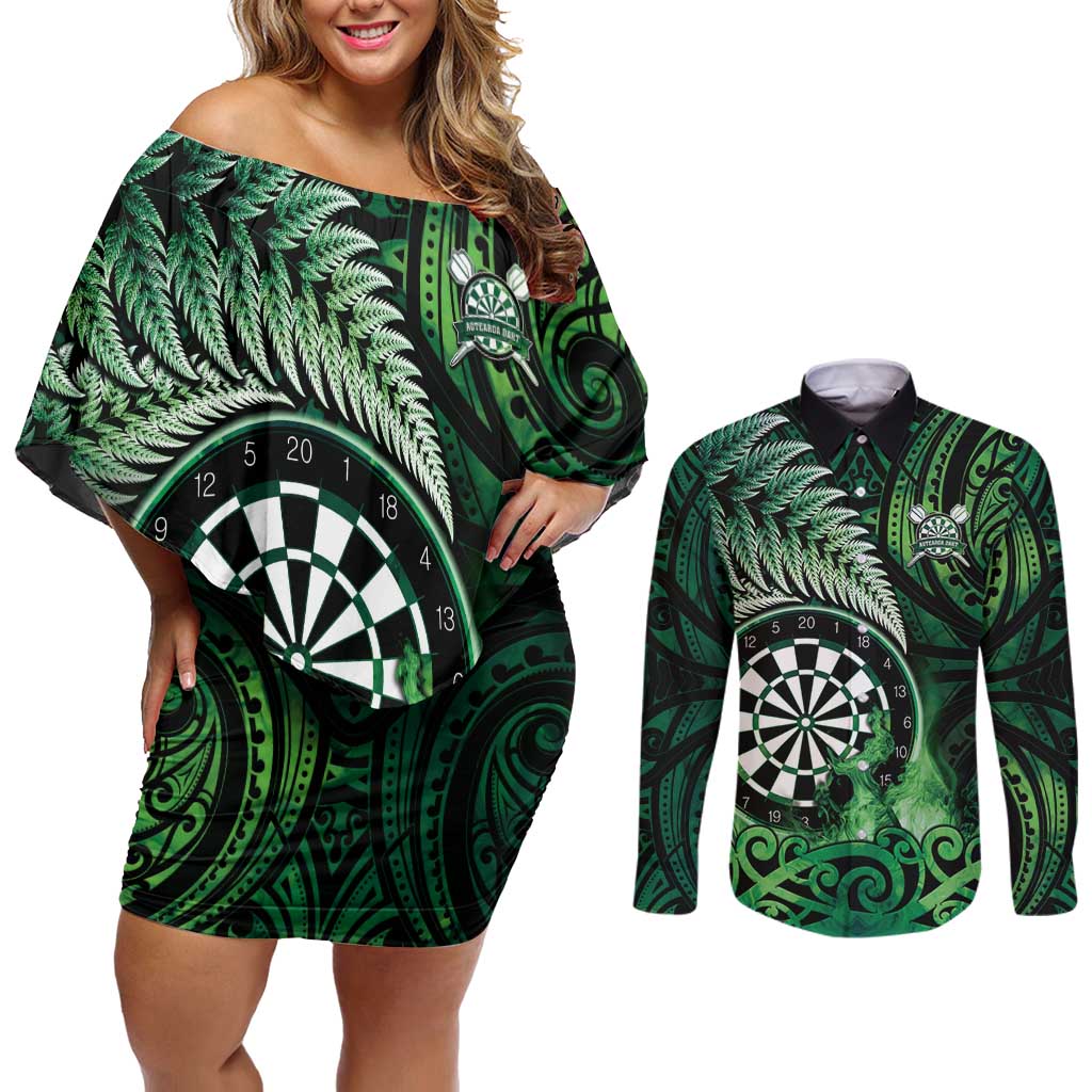 Personalised New Zealand Darts Couples Matching Off Shoulder Short Dress and Long Sleeve Button Shirt Maori Koru Dartboard Green Flame