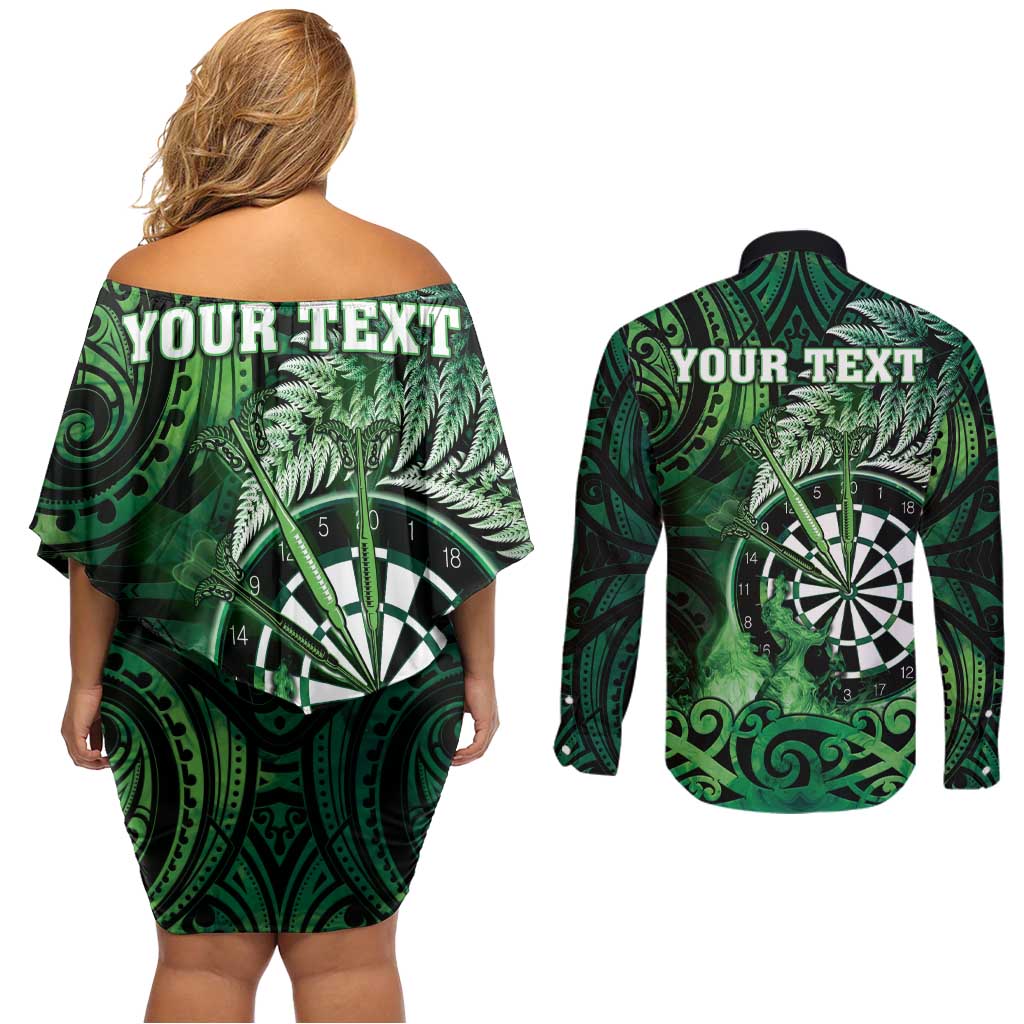 Personalised New Zealand Darts Couples Matching Off Shoulder Short Dress and Long Sleeve Button Shirt Maori Koru Dartboard Green Flame