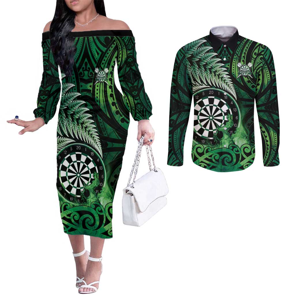 Personalised New Zealand Darts Couples Matching Off The Shoulder Long Sleeve Dress and Long Sleeve Button Shirt Maori Koru Dartboard Green Flame