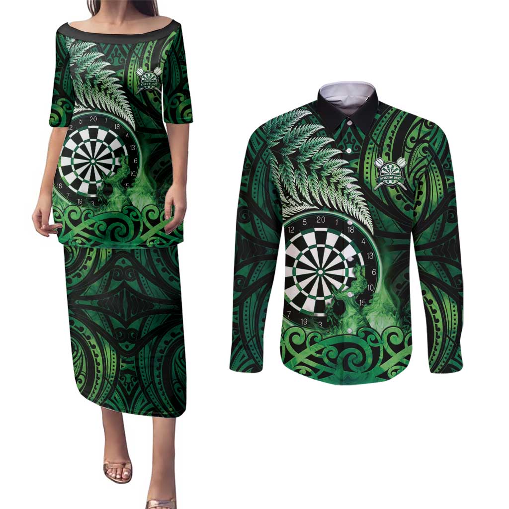 Personalised New Zealand Darts Couples Matching Puletasi and Long Sleeve Button Shirt Maori Koru Dartboard Green Flame