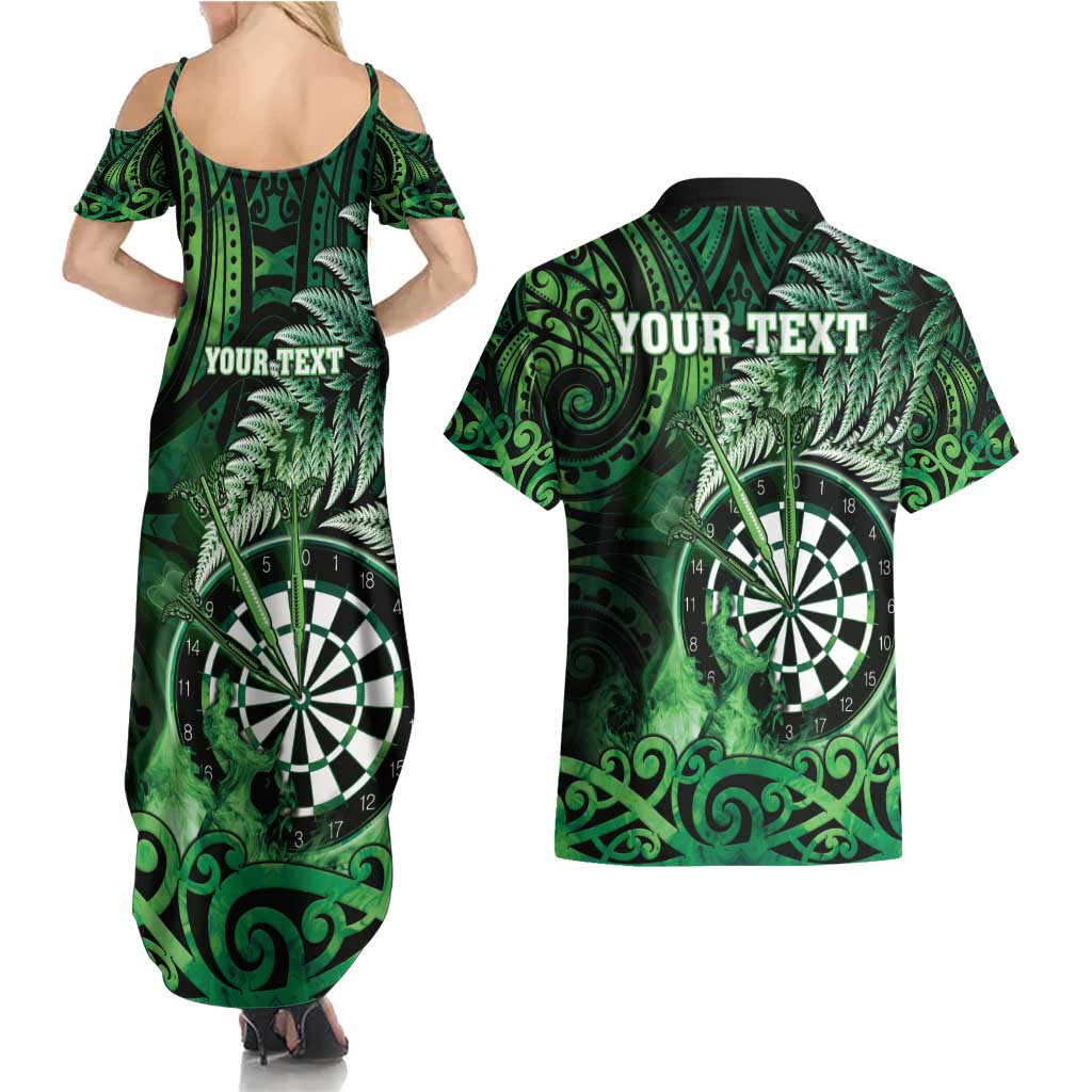 Personalised New Zealand Darts Couples Matching Summer Maxi Dress and Hawaiian Shirt Maori Koru Dartboard Green Flame