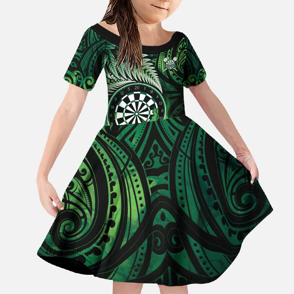 Personalised New Zealand Darts Family Matching Long Sleeve Bodycon Dress and Hawaiian Shirt Maori Koru Dartboard Green Flame