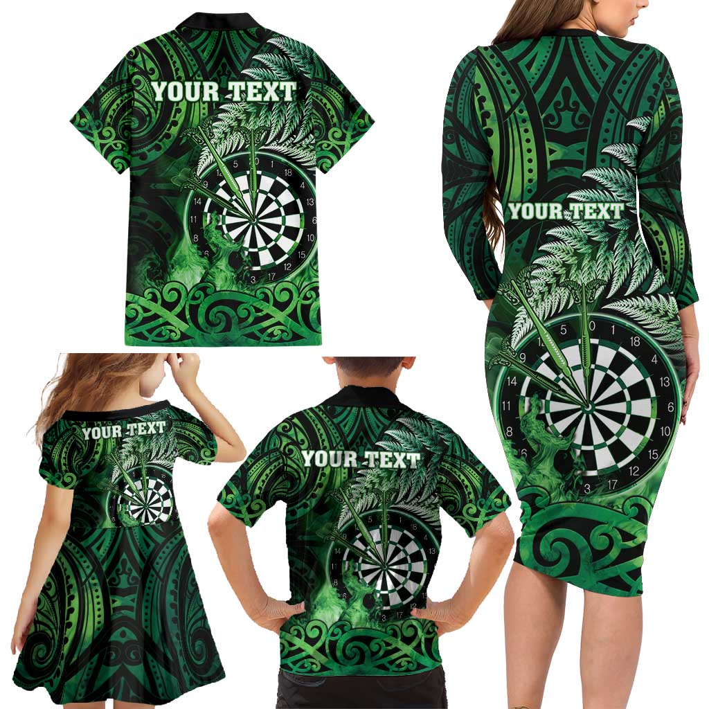 Personalised New Zealand Darts Family Matching Long Sleeve Bodycon Dress and Hawaiian Shirt Maori Koru Dartboard Green Flame