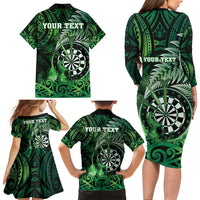 Personalised New Zealand Darts Family Matching Long Sleeve Bodycon Dress and Hawaiian Shirt Maori Koru Dartboard Green Flame