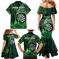 Personalised New Zealand Darts Family Matching Mermaid Dress and Hawaiian Shirt Maori Koru Dartboard Green Flame