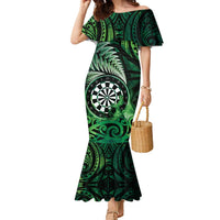 Personalised New Zealand Darts Family Matching Mermaid Dress and Hawaiian Shirt Maori Koru Dartboard Green Flame