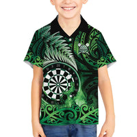 Personalised New Zealand Darts Family Matching Off Shoulder Maxi Dress and Hawaiian Shirt Maori Koru Dartboard Green Flame