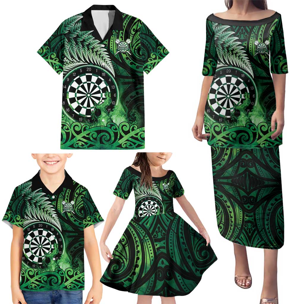 Personalised New Zealand Darts Family Matching Puletasi and Hawaiian Shirt Maori Koru Dartboard Green Flame