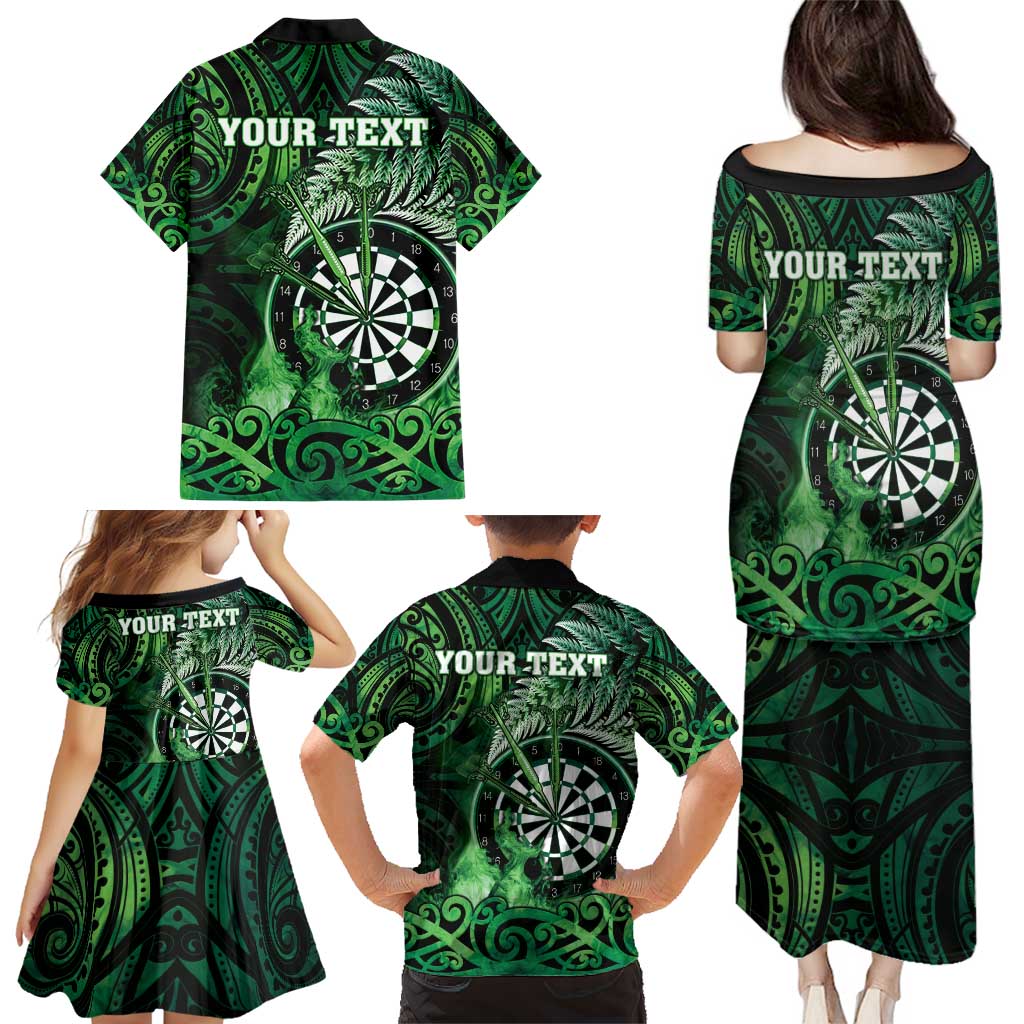 Personalised New Zealand Darts Family Matching Puletasi and Hawaiian Shirt Maori Koru Dartboard Green Flame