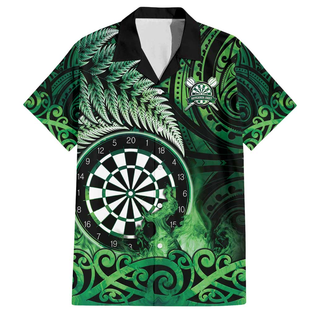Personalised New Zealand Darts Family Matching Puletasi and Hawaiian Shirt Maori Koru Dartboard Green Flame