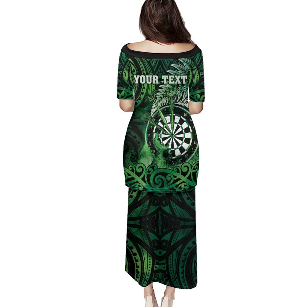 Personalised New Zealand Darts Family Matching Puletasi and Hawaiian Shirt Maori Koru Dartboard Green Flame