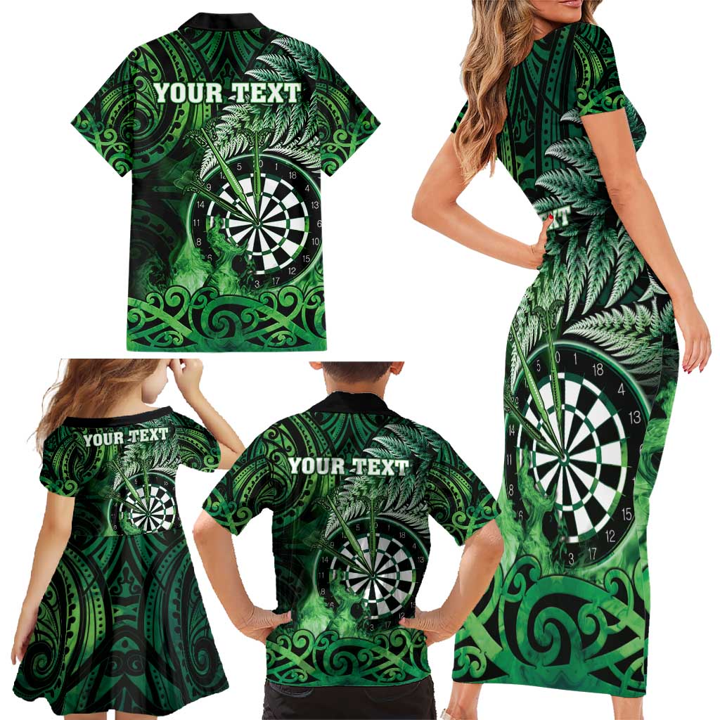 Personalised New Zealand Darts Family Matching Short Sleeve Bodycon Dress and Hawaiian Shirt Maori Koru Dartboard Green Flame