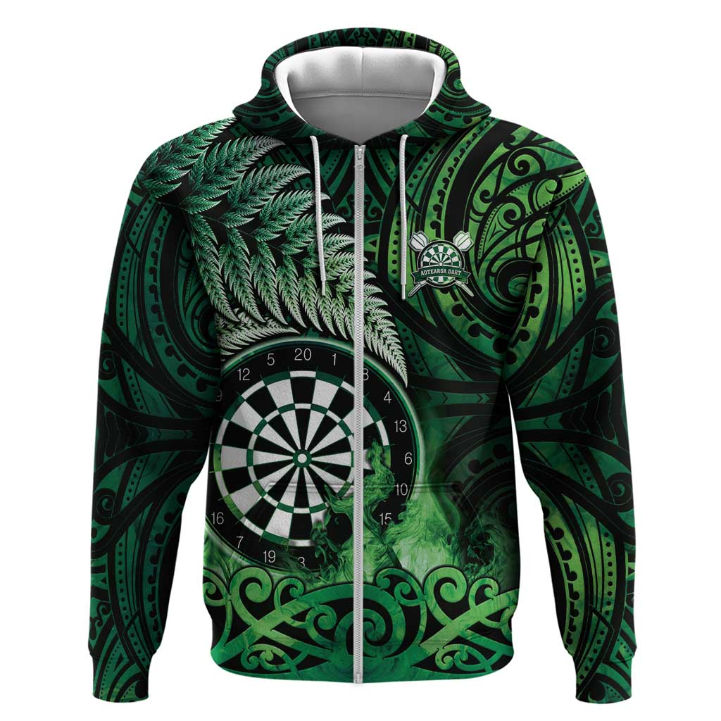 Personalised New Zealand Darts Hoodie Maori Koru Dartboard Green Flame