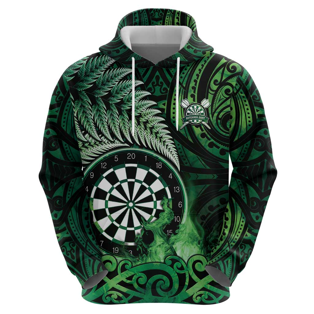 Personalised New Zealand Darts Hoodie Maori Koru Dartboard Green Flame