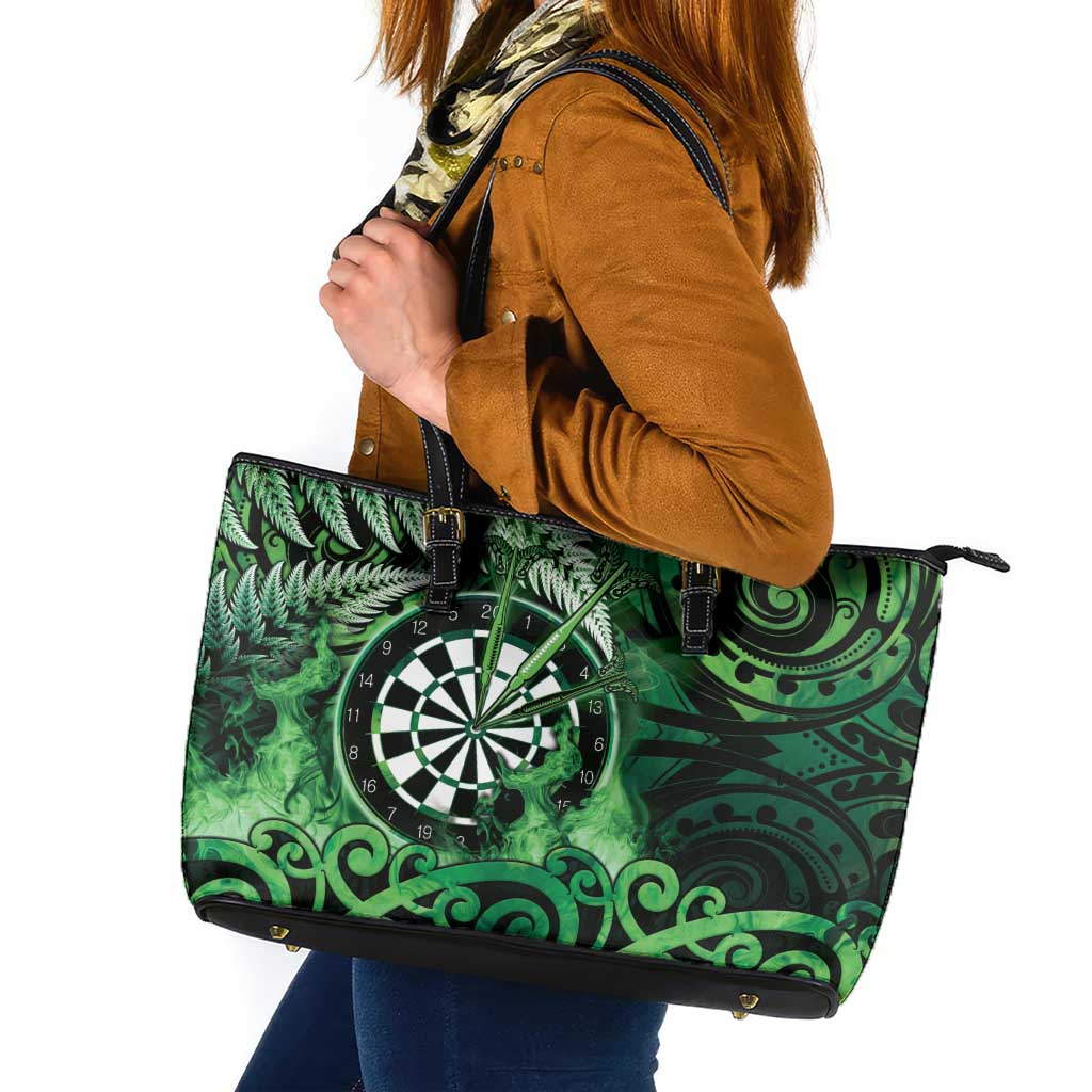 New Zealand Darts Leather Tote Bag Maori Koru Dartboard Green Flame