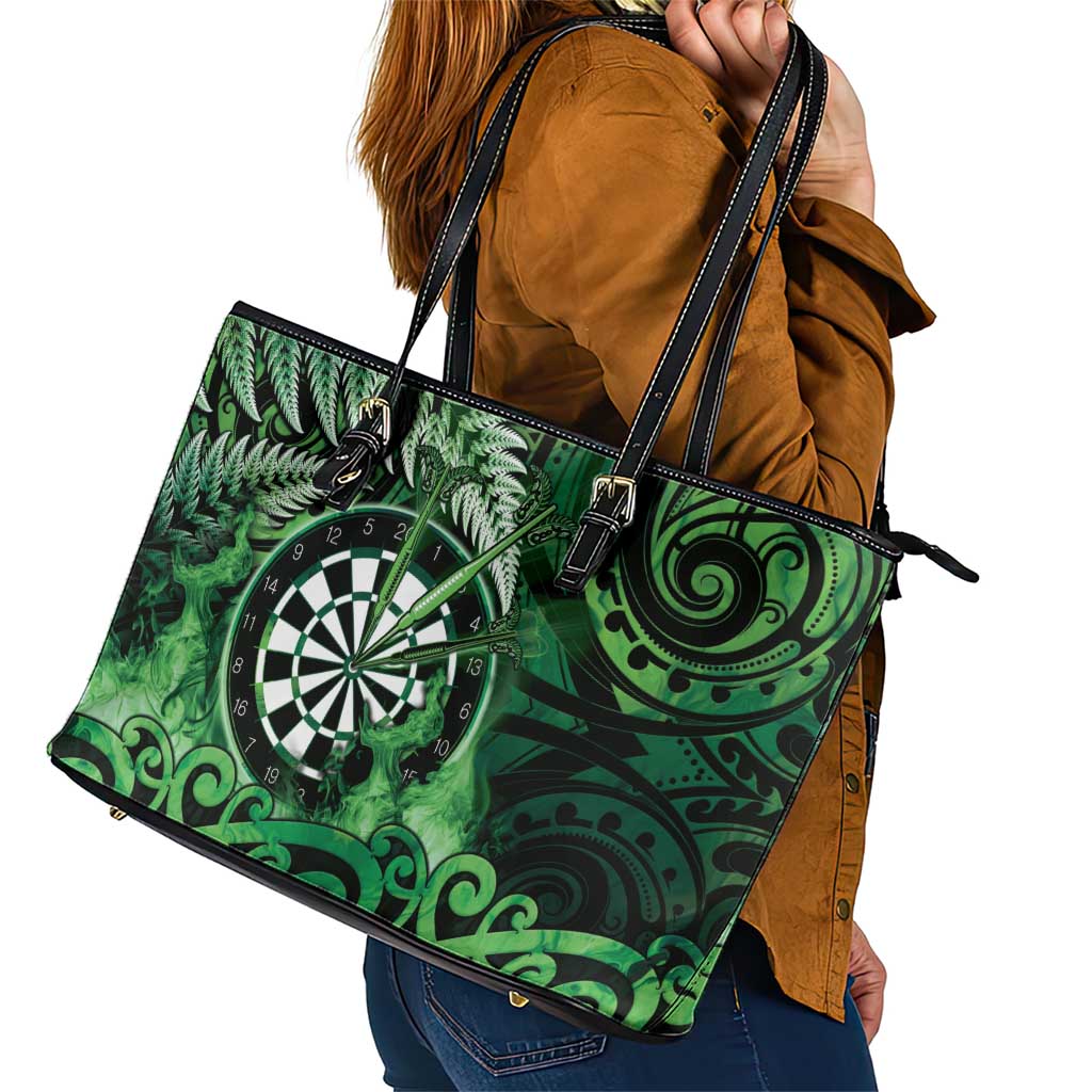 New Zealand Darts Leather Tote Bag Maori Koru Dartboard Green Flame