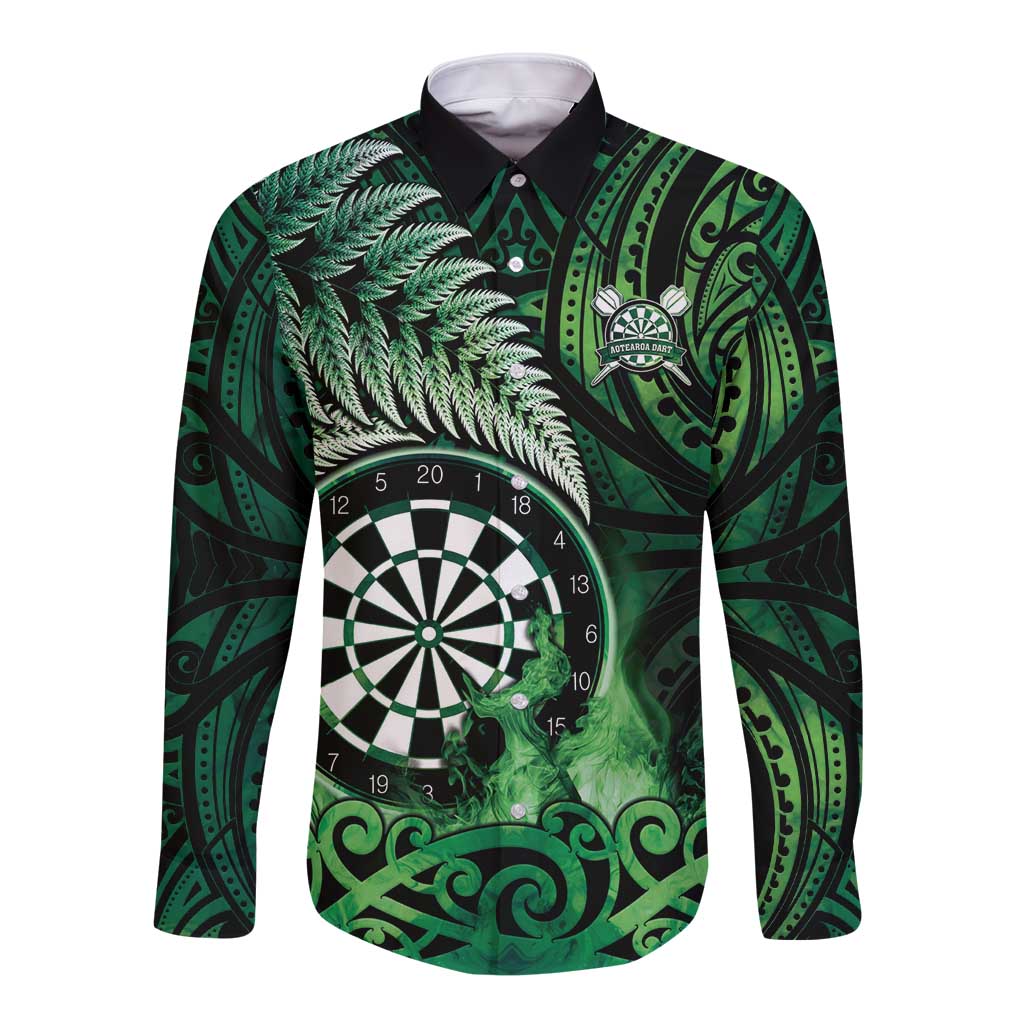 Personalised New Zealand Darts Long Sleeve Button Shirt Maori Koru Dartboard Green Flame