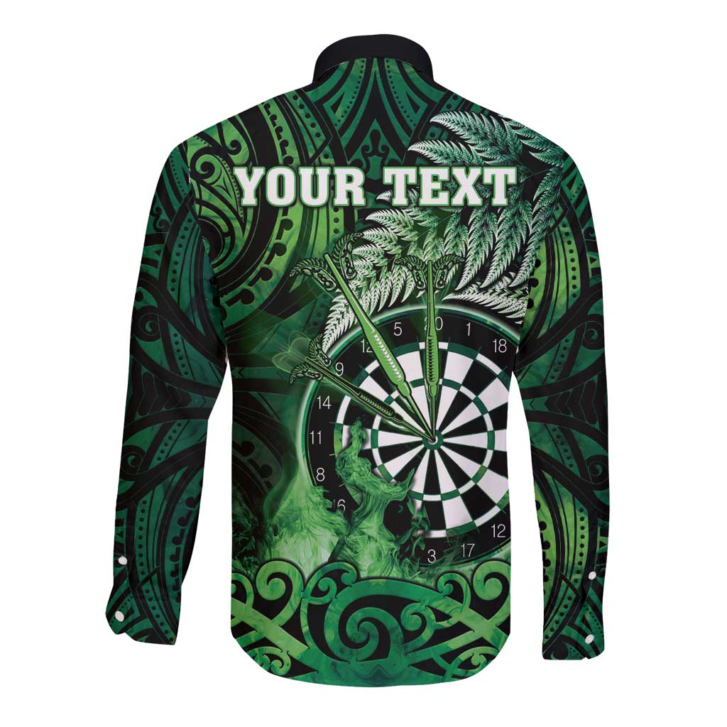Personalised New Zealand Darts Long Sleeve Button Shirt Maori Koru Dartboard Green Flame