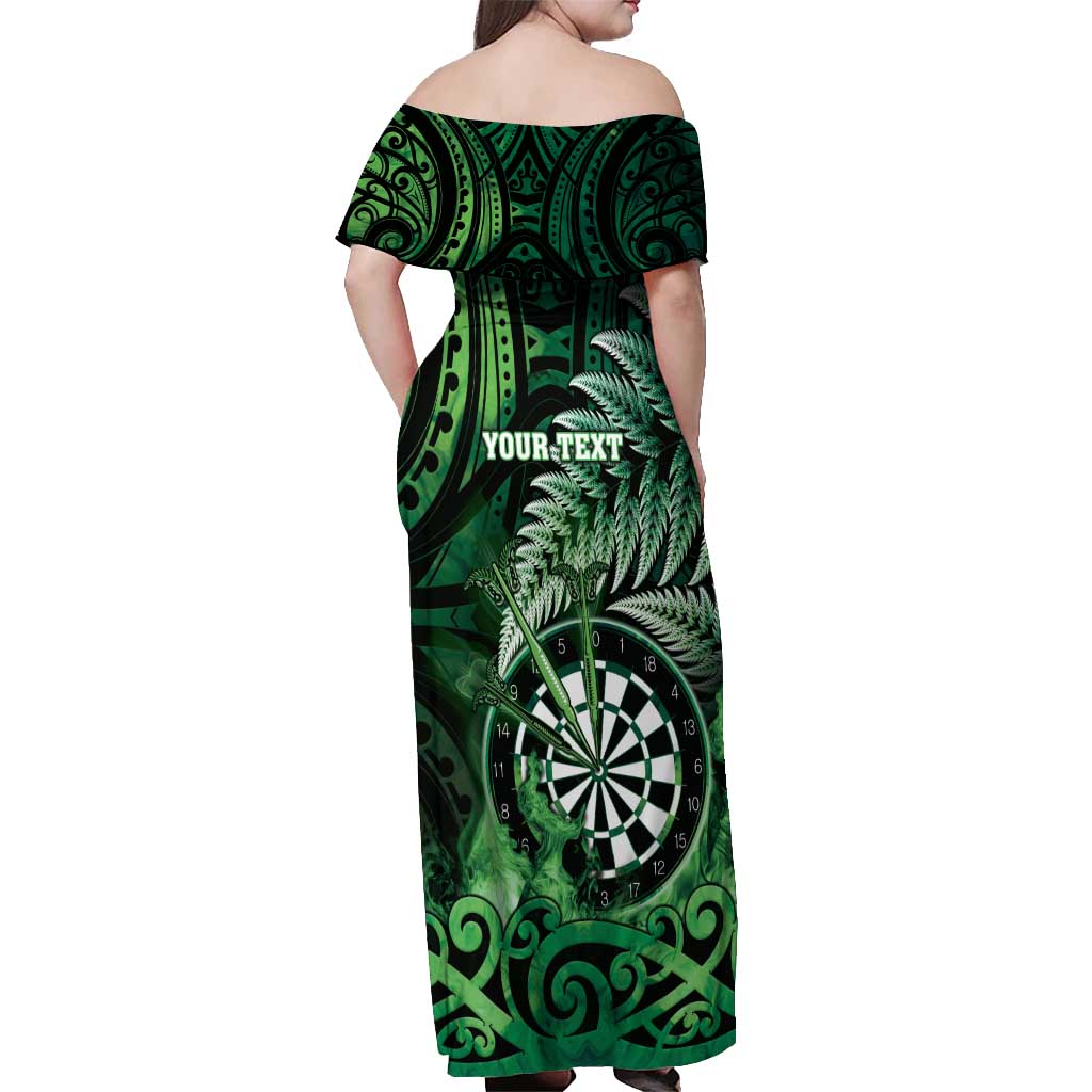 Personalised New Zealand Darts Off Shoulder Maxi Dress Maori Koru Dartboard Green Flame
