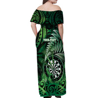 Personalised New Zealand Darts Off Shoulder Maxi Dress Maori Koru Dartboard Green Flame