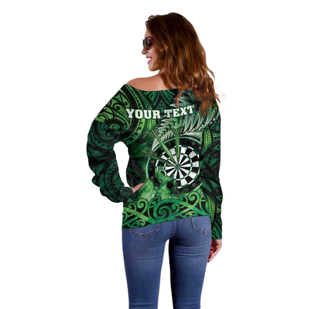 Personalised New Zealand Darts Off Shoulder Sweater Maori Koru Dartboard Green Flame