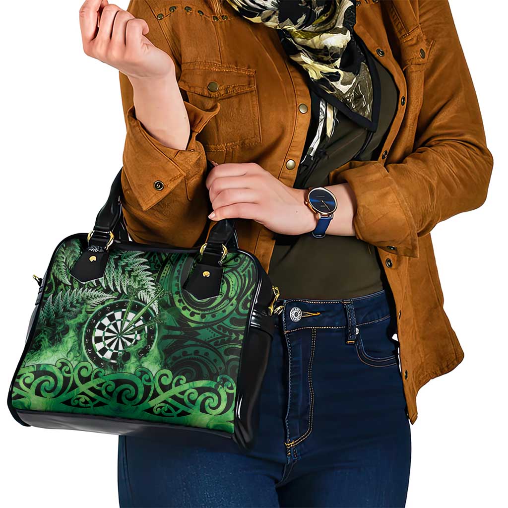 New Zealand Darts Shoulder Handbag Maori Koru Dartboard Green Flame