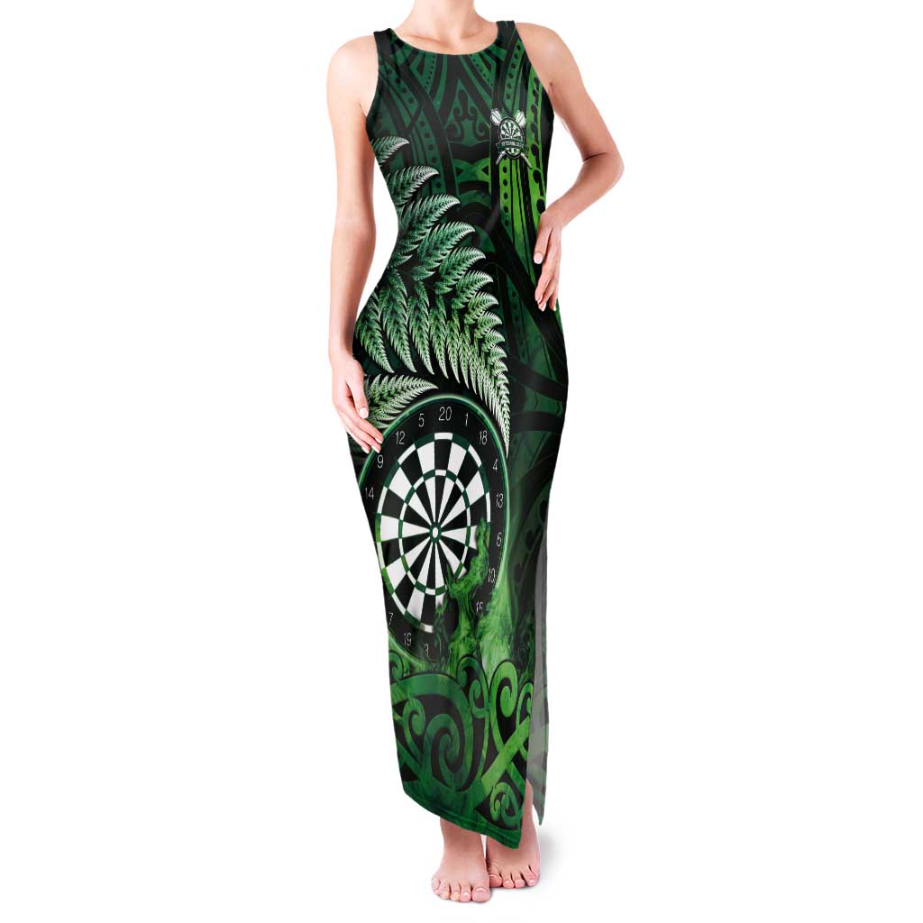 Personalised New Zealand Darts Tank Maxi Dress Maori Koru Dartboard Green Flame