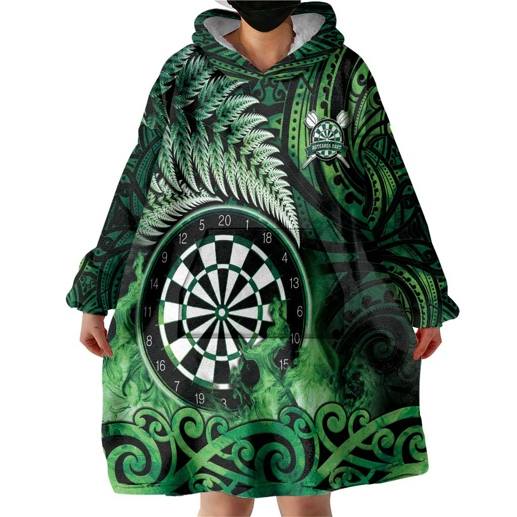 Personalised New Zealand Darts Wearable Blanket Hoodie Maori Koru Dartboard Green Flame