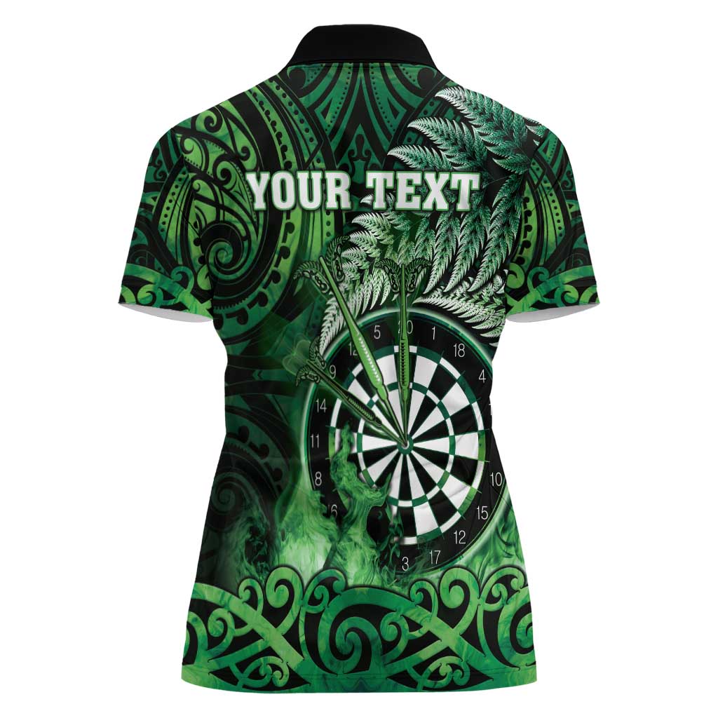 Personalised New Zealand Darts Women Polo Shirt Maori Koru Dartboard Green Flame
